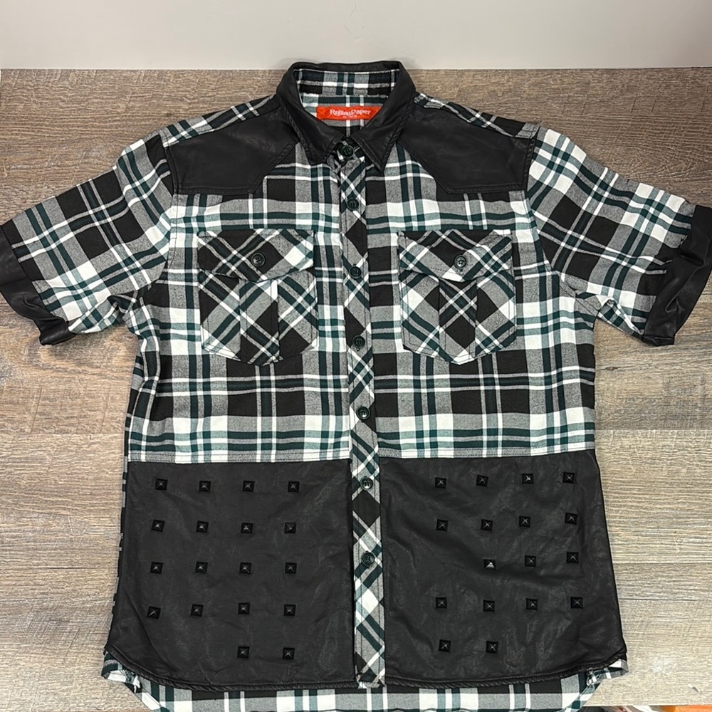 Rolling Paper Plaid / Studded Faux Leather Short Sleeve “Kush” Button Down